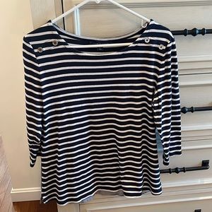 Size large. Navy blue & white stripped shirt.